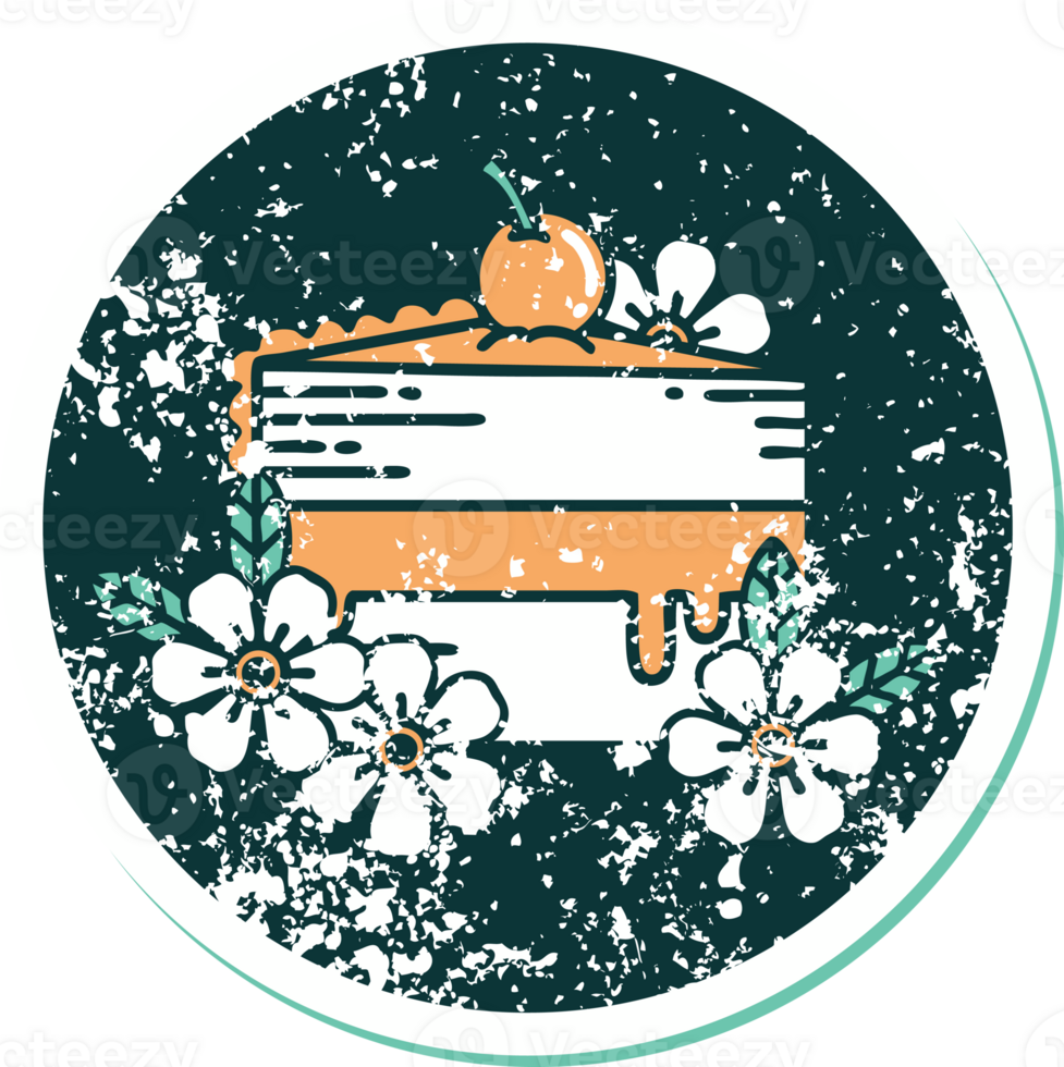 iconic distressed sticker tattoo style image of a slice of cake and flowers png