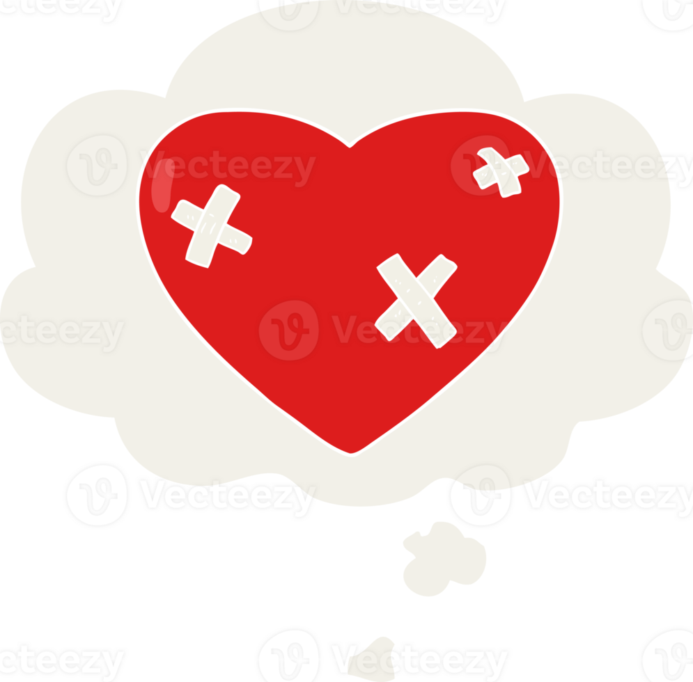 cartoon beaten up heart with thought bubble in retro style png