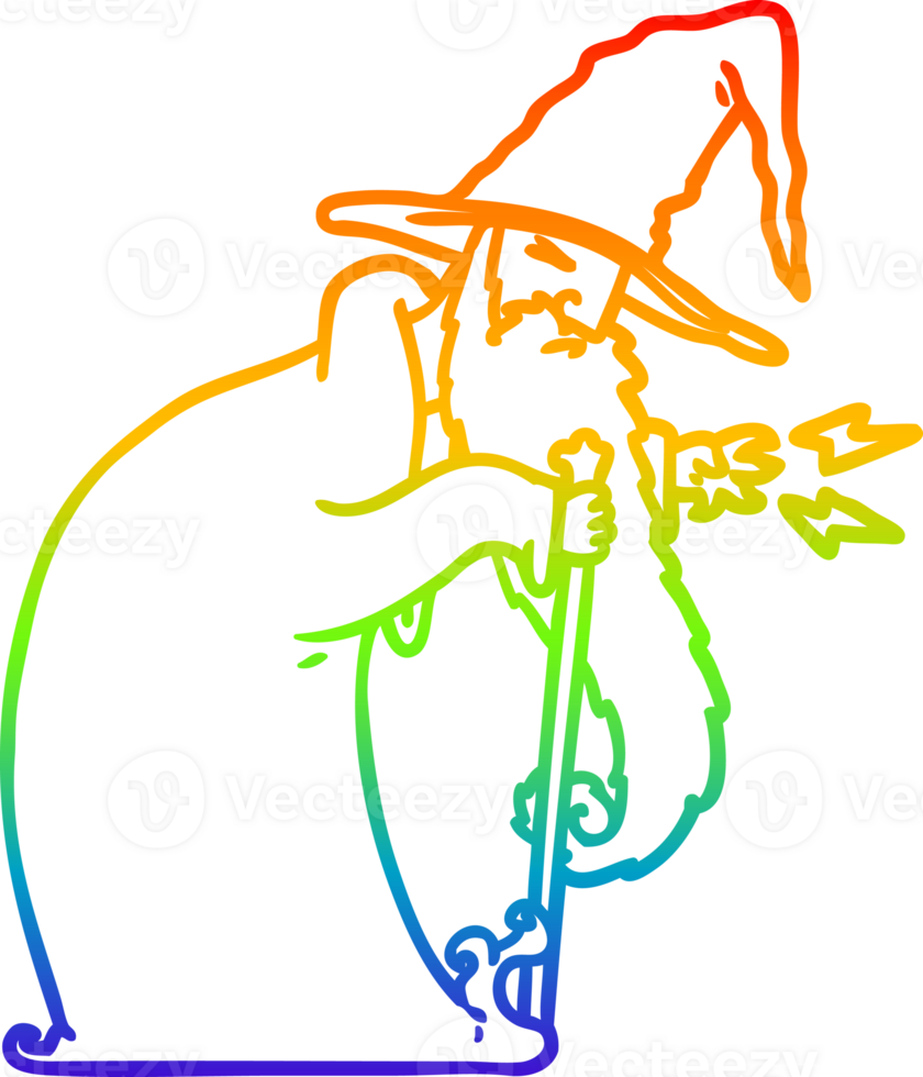 rainbow gradient line drawing of a cartoon wizard png