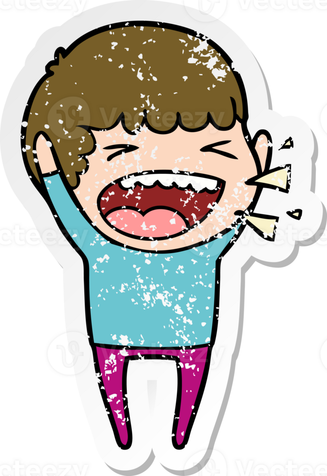 distressed sticker of a cartoon laughing man png