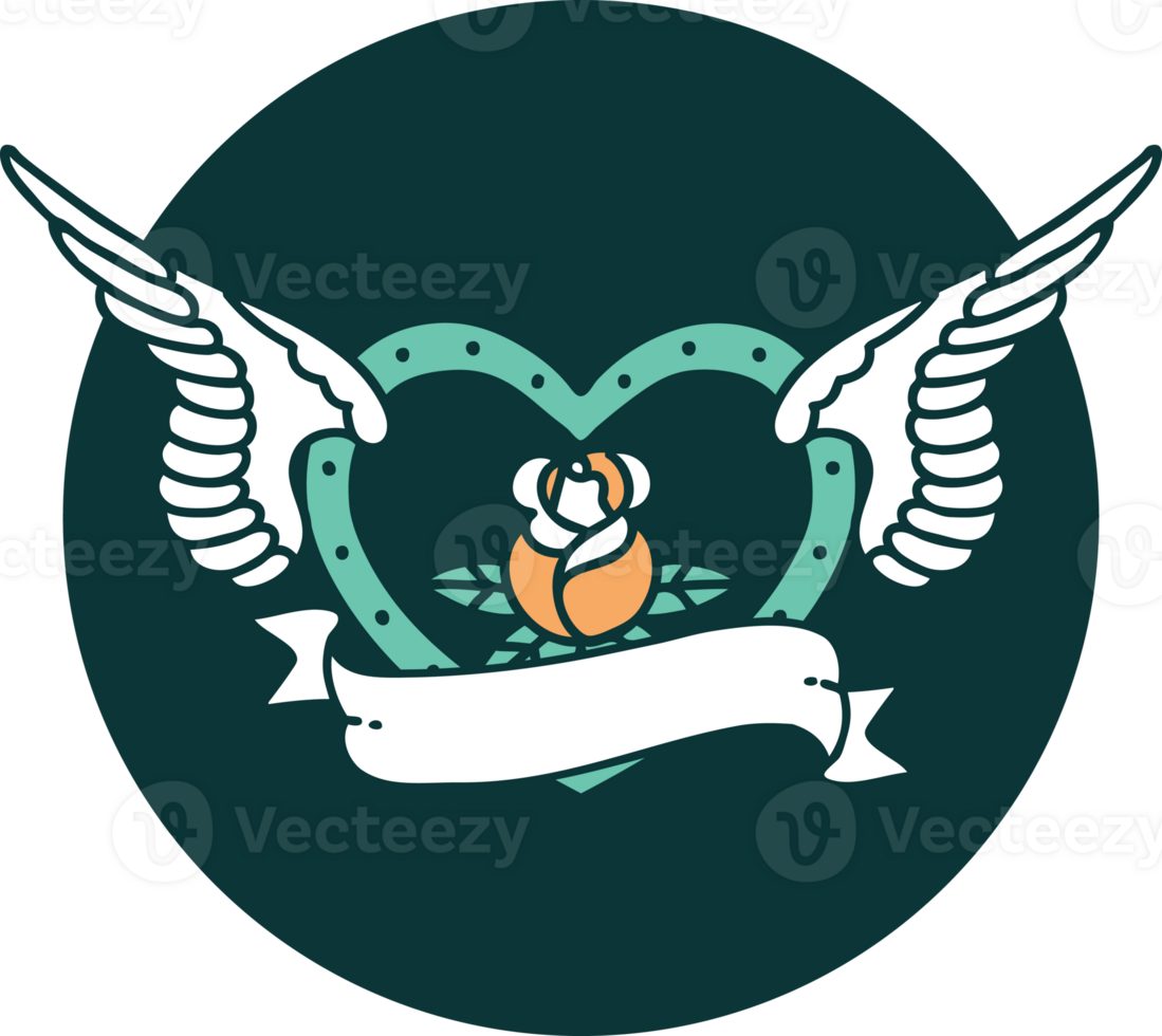 iconic tattoo style image of a flying heart with flowers and banner png