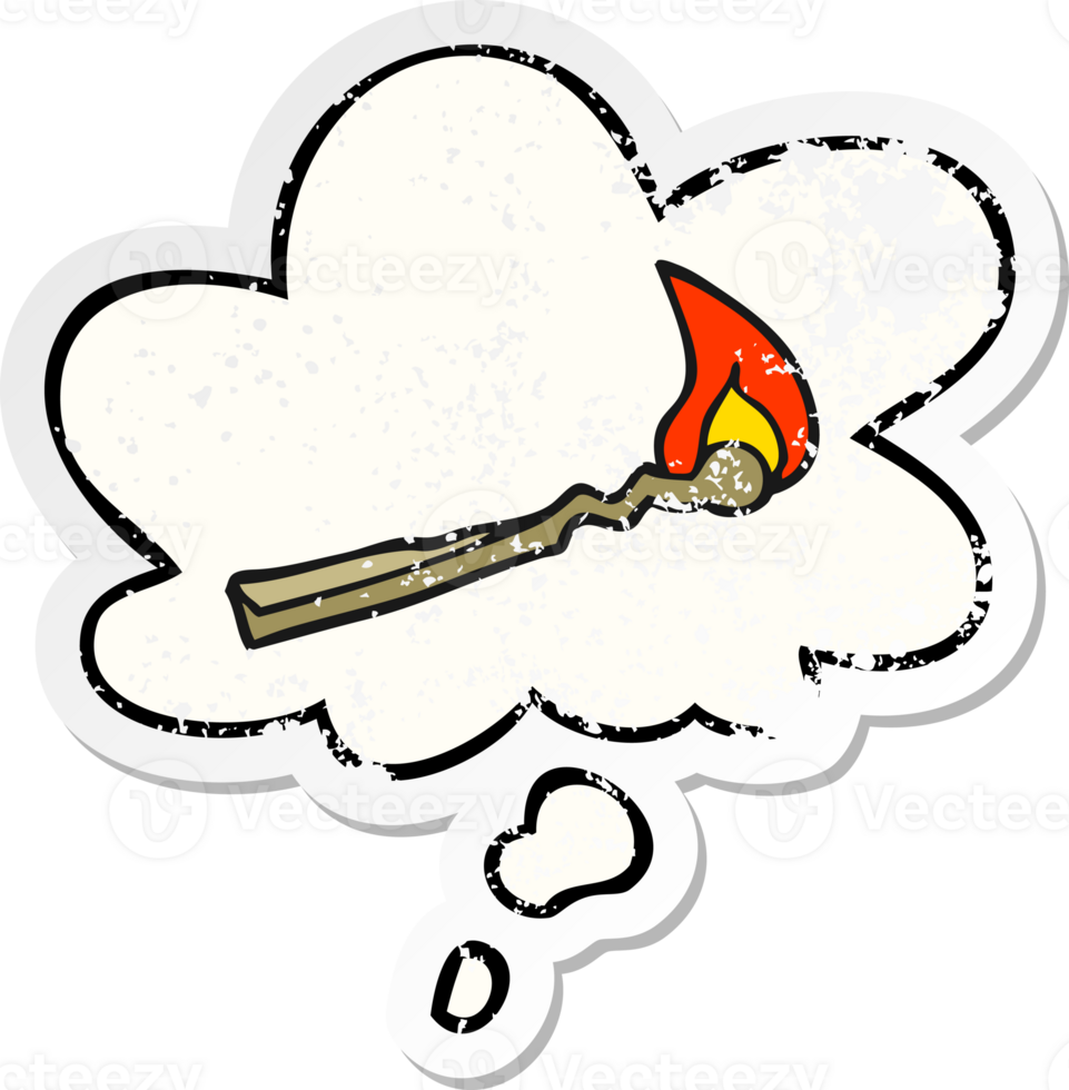 cartoon burning match with thought bubble as a distressed worn sticker png