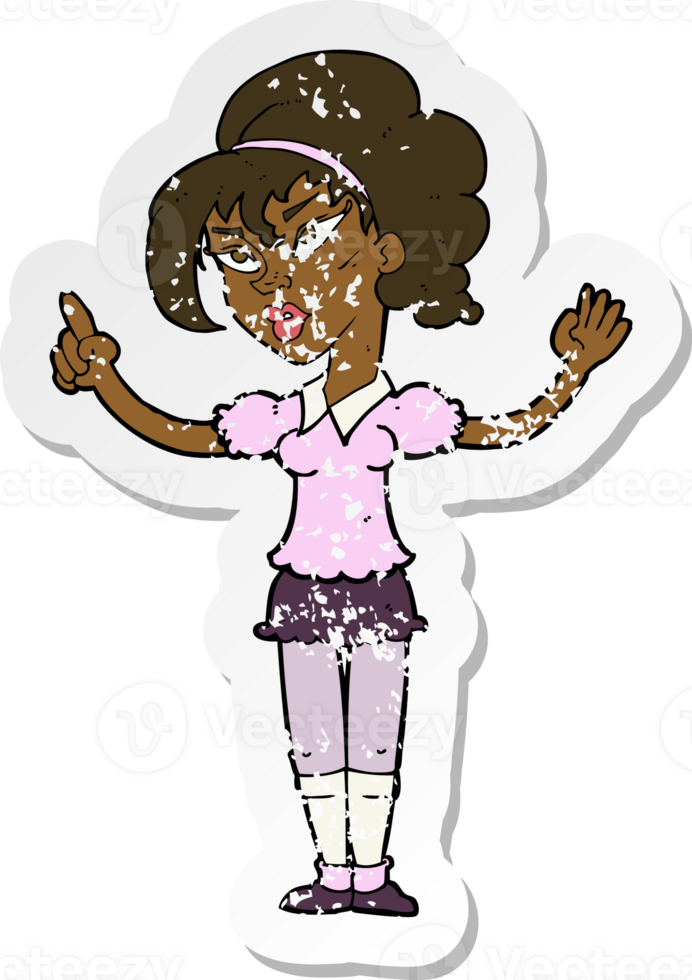 retro distressed sticker of a cartoon woman with idea png