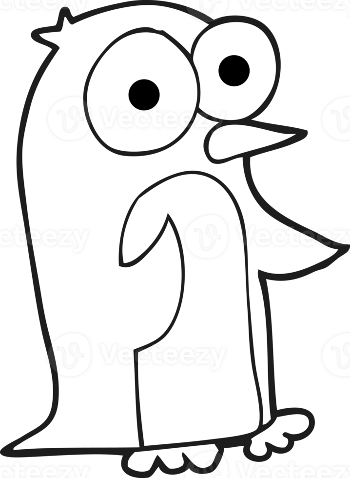 hand drawn black and white cartoon penguin with big eyes png