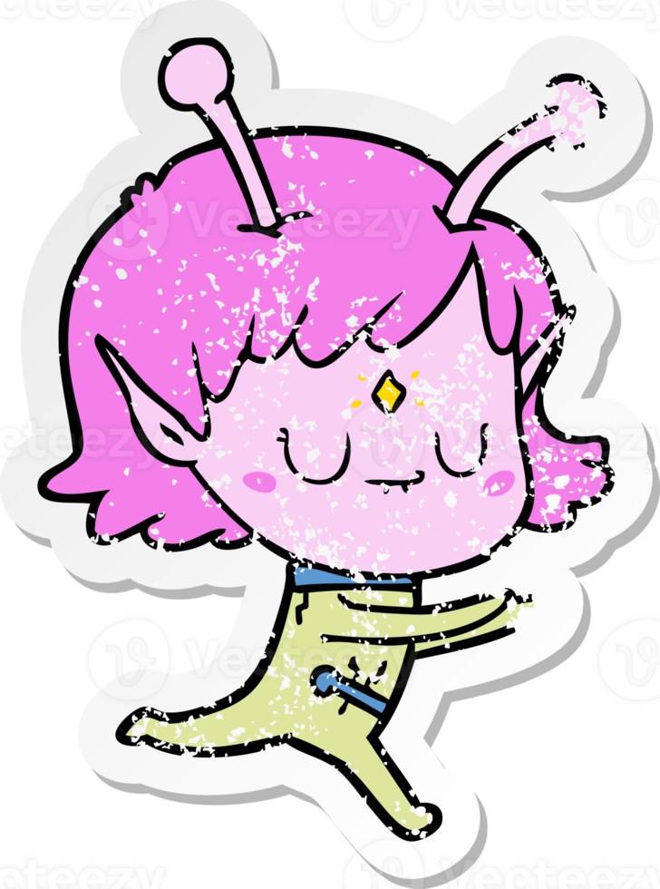 distressed sticker of a cartoon alien girl png