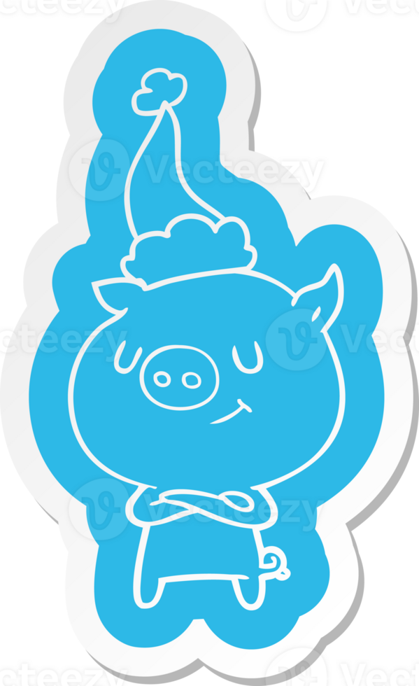 happy quirky cartoon  sticker of a pig wearing santa hat png