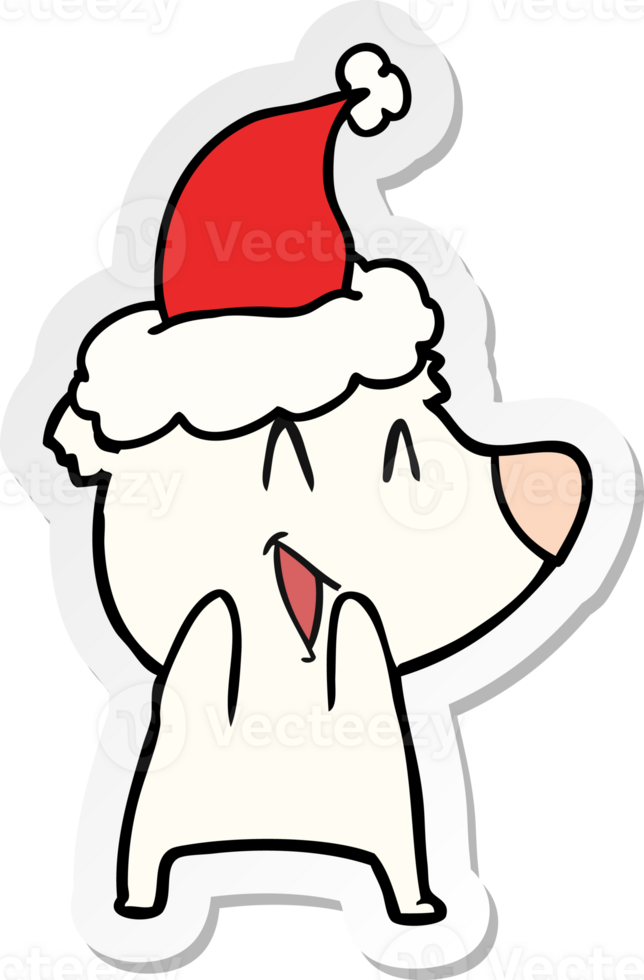 laughing polar bear hand drawn sticker cartoon of a wearing santa hat png