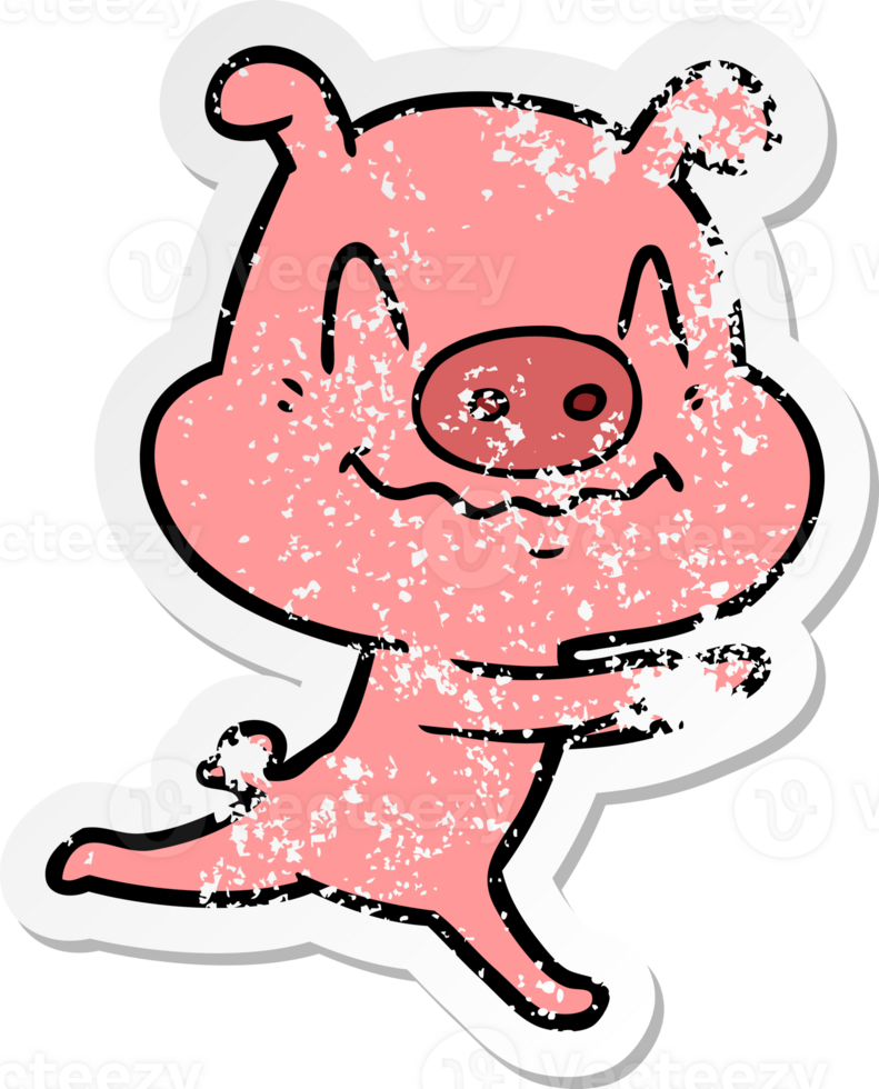 distressed sticker of a nervous cartoon pig running png