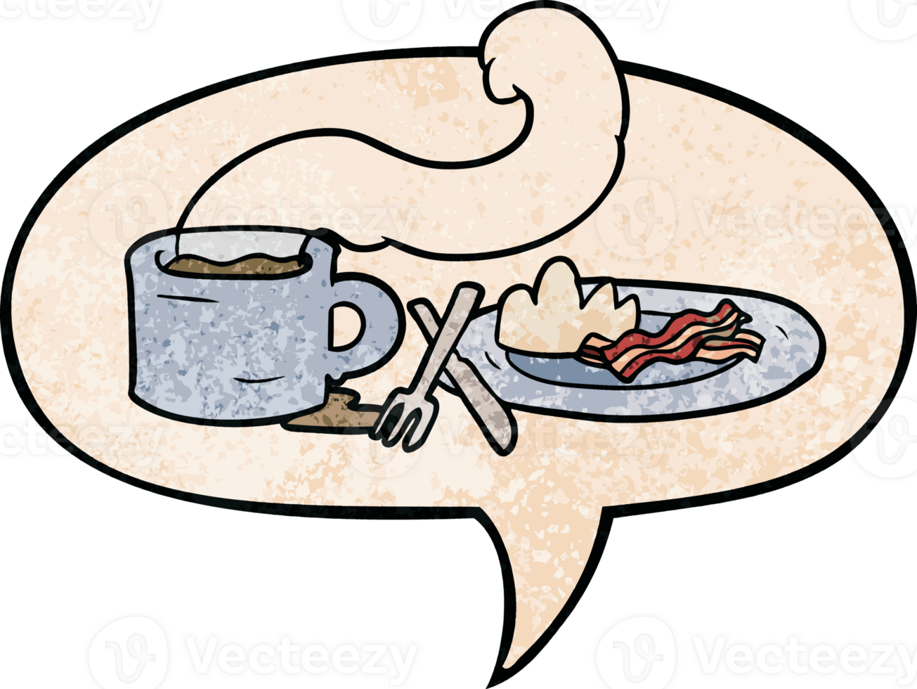 cartoon breakfast of coffee and bacon with speech bubble in retro texture style png