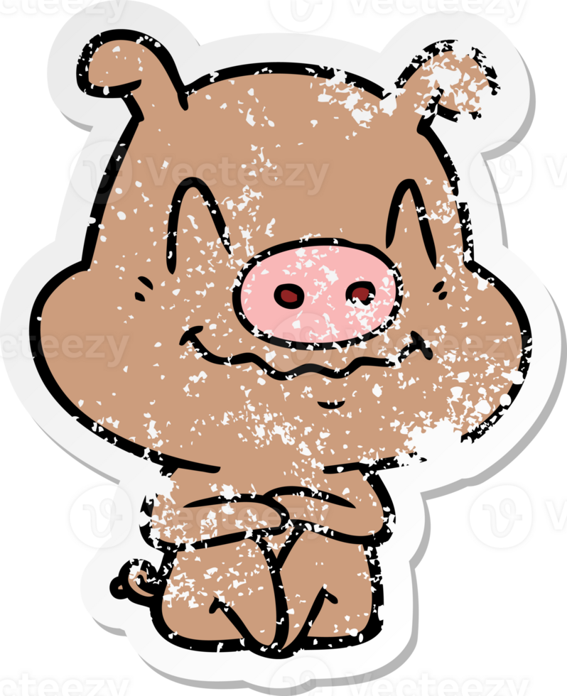 distressed sticker of a nervous cartoon pig sitting png