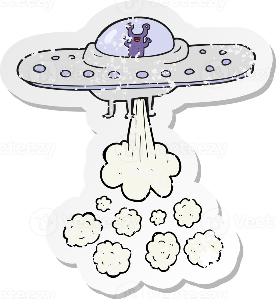 retro distressed sticker of a cartoon flying saucer png