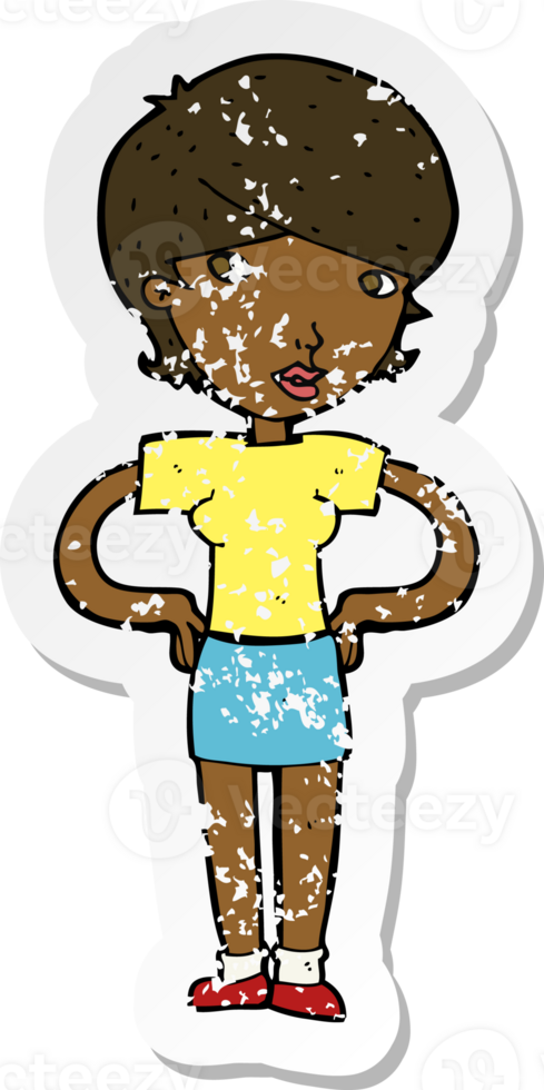 retro distressed sticker of a cartoon woman with hands on hips png