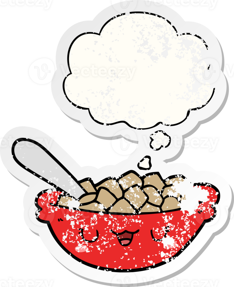 cute cartoon bowl of cereal with thought bubble as a distressed worn sticker png