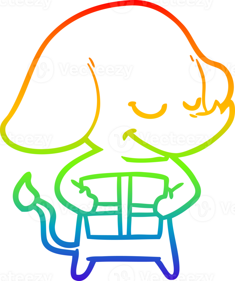 rainbow gradient line drawing of a cartoon smiling elephant with present png