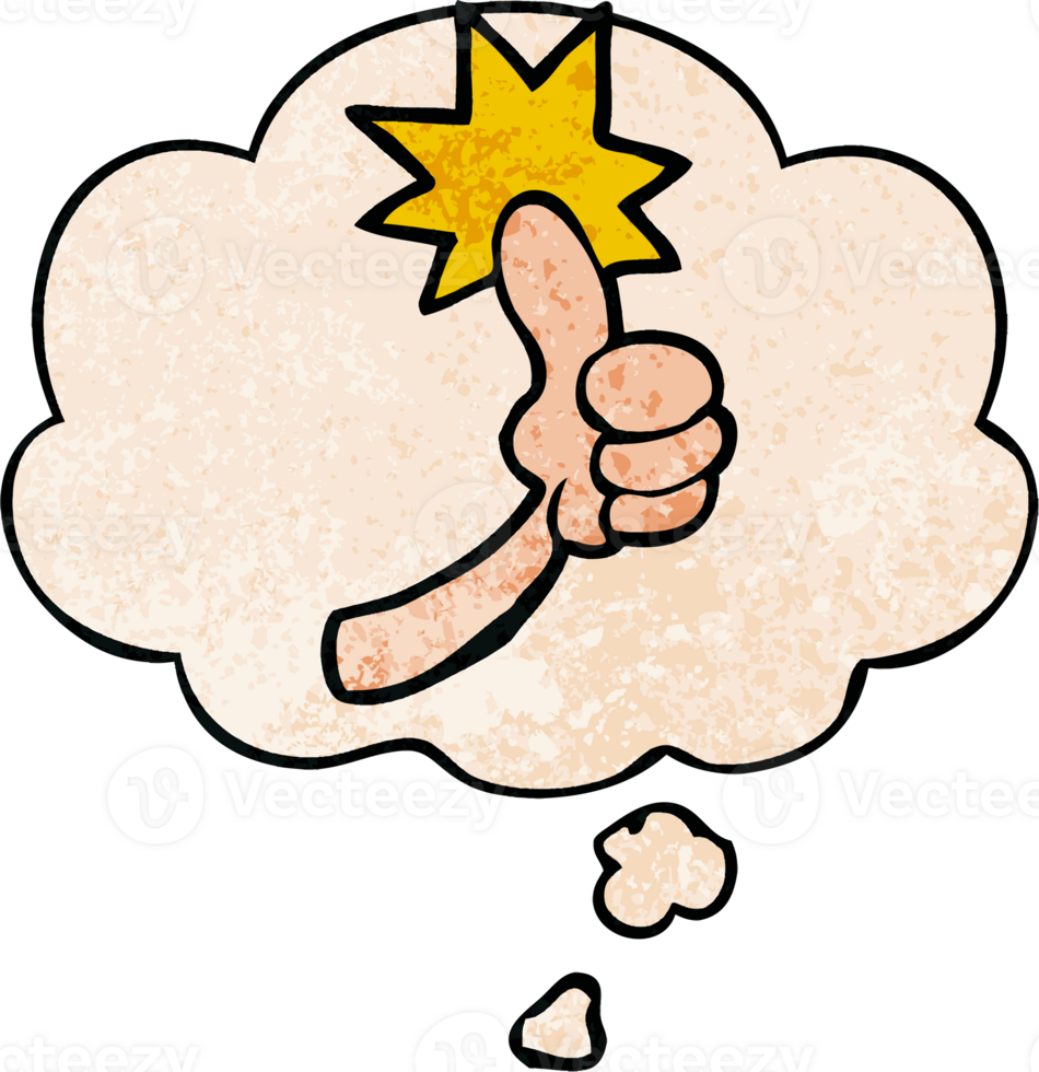cartoon thumbs up sign with thought bubble in grunge texture style png