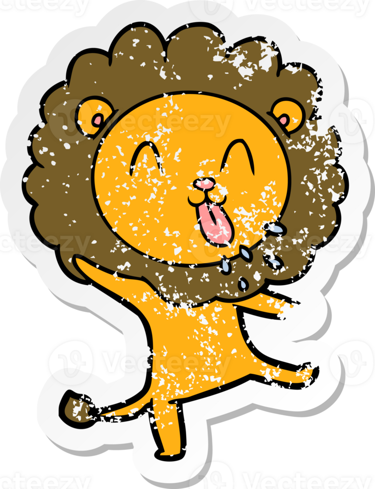 distressed sticker of a happy cartoon lion png