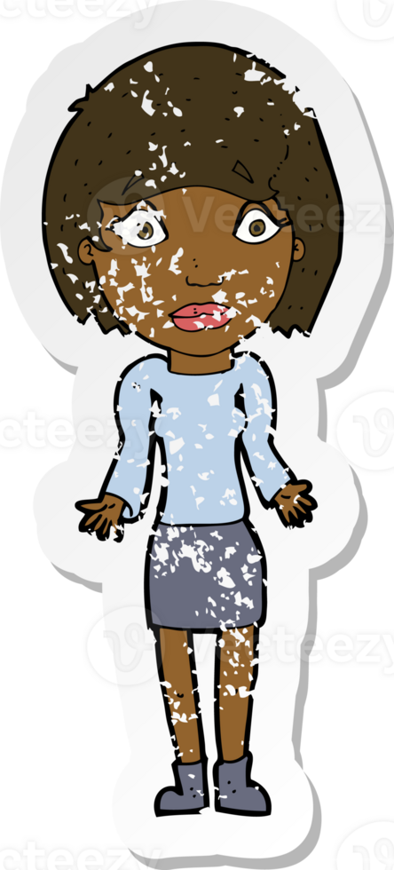 retro distressed sticker of a cartoon woman shrugging shoulders png