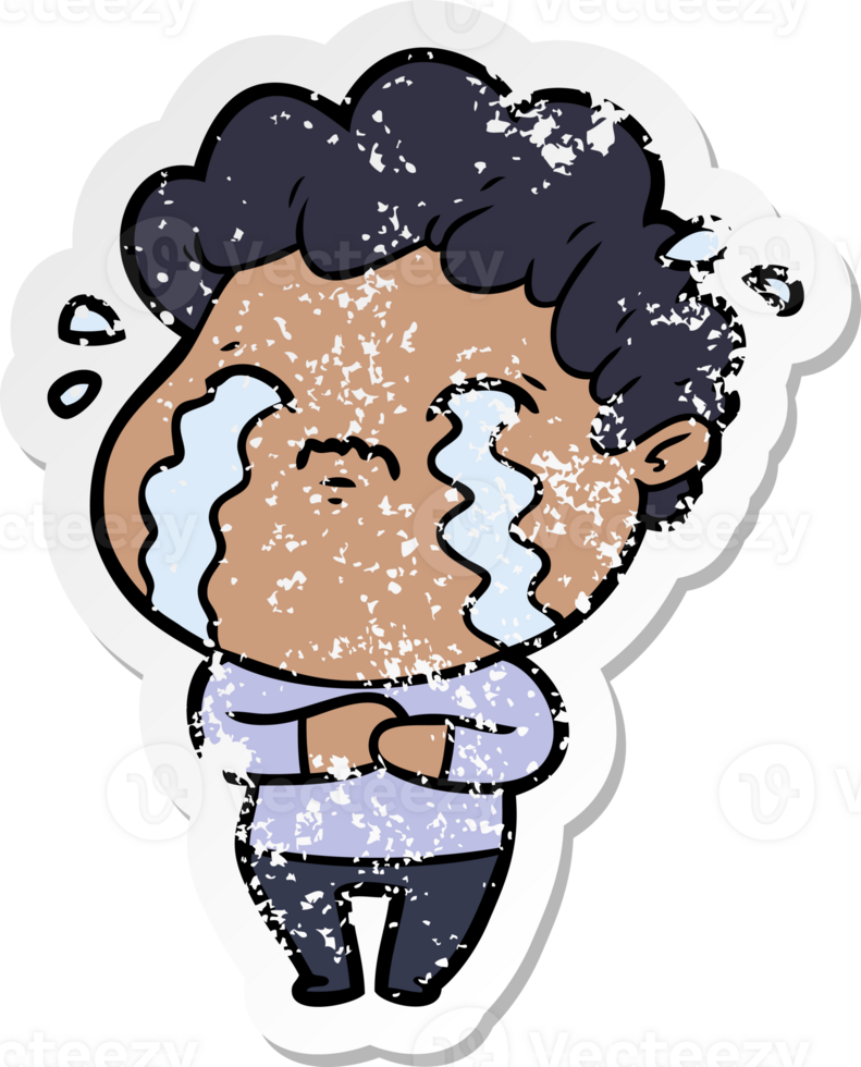distressed sticker of a cartoon man crying png