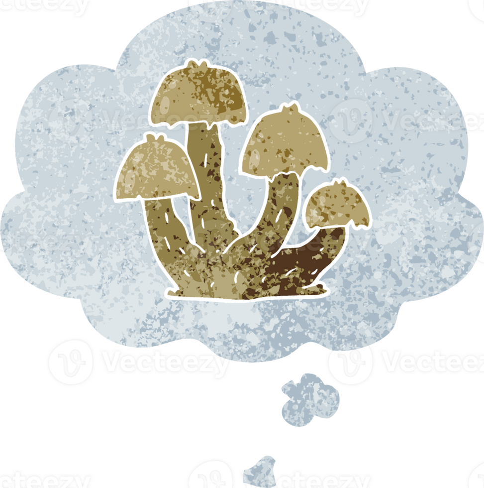 cartoon mushrooms with thought bubble in grunge distressed retro textured style png