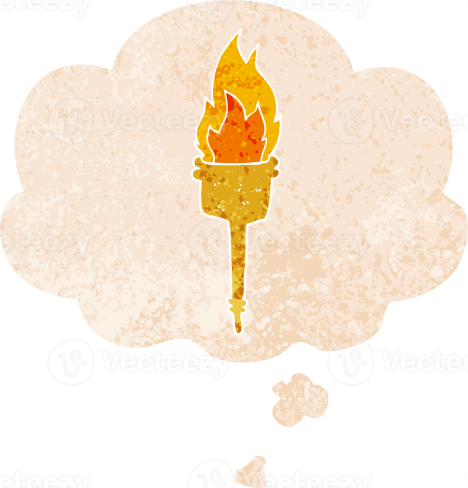 cartoon flaming torch with thought bubble in grunge distressed retro textured style png