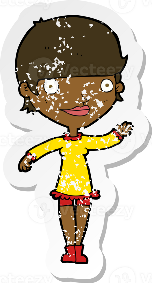 retro distressed sticker of a cartoon waving woman png