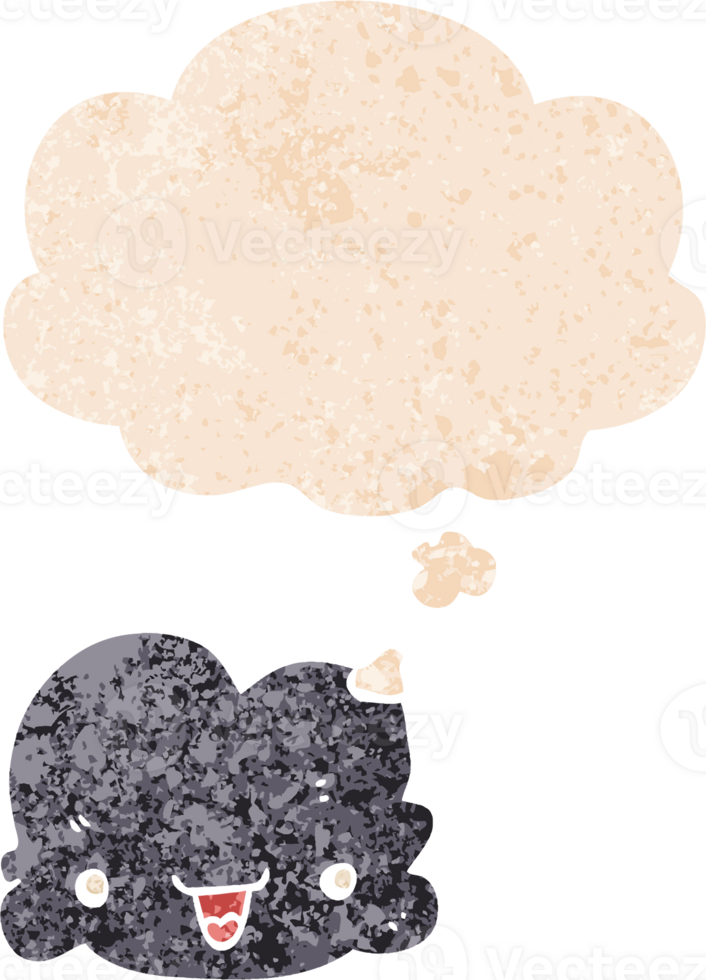 cartoon tiny happy cloud with thought bubble in grunge distressed retro textured style png