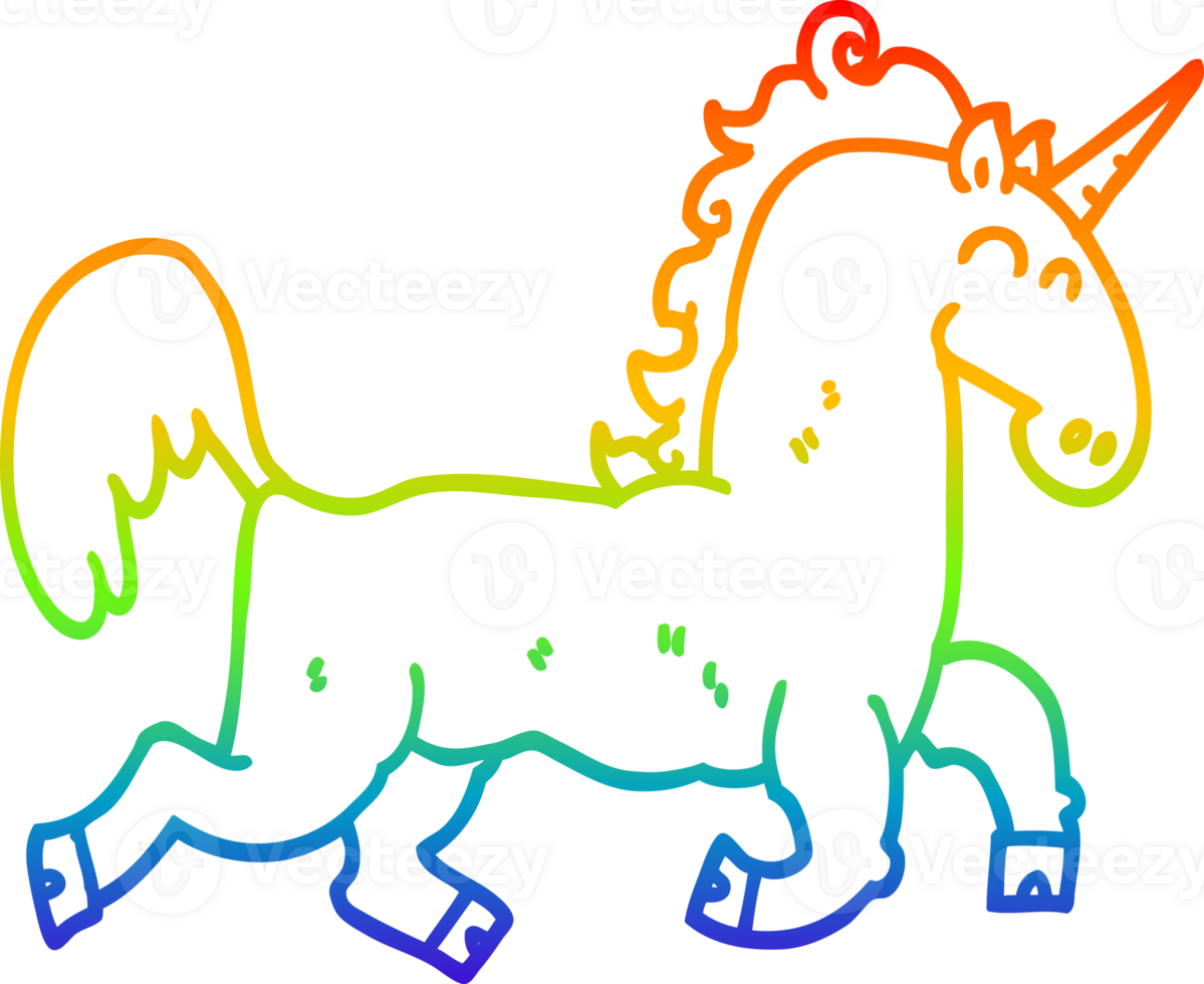 rainbow gradient line drawing of a cartoon unicorn png