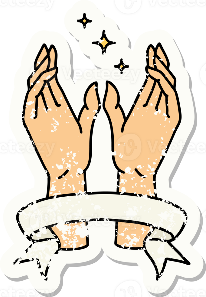 worn old sticker with banner of mystic hands png
