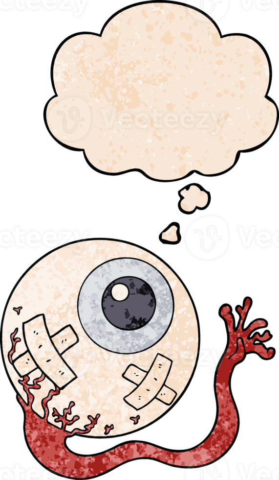 cartoon injured eyeball with thought bubble in grunge texture style png