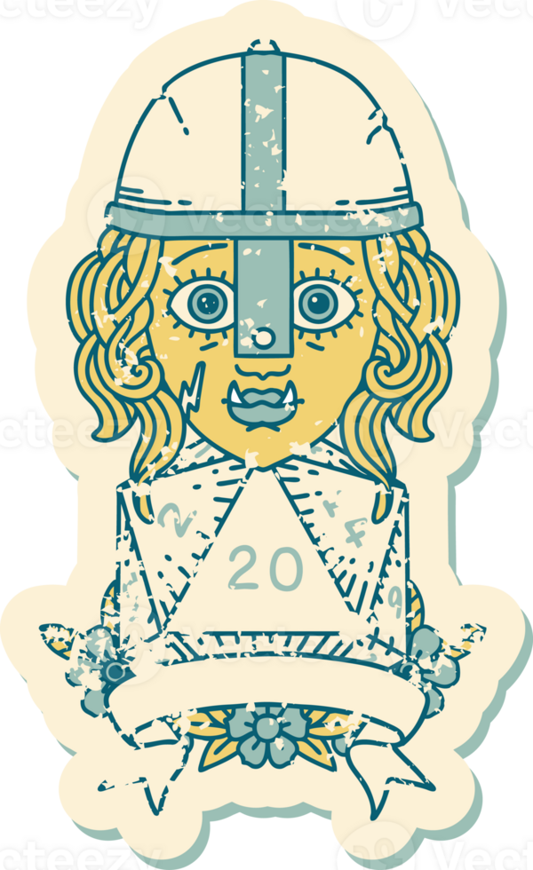Retro Tattoo Style half orc fighter with natural twenty dice roll png