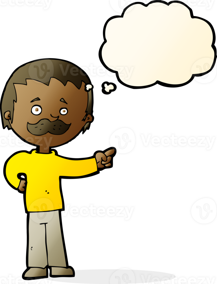 cartoon man with mustache pointing with thought bubble png