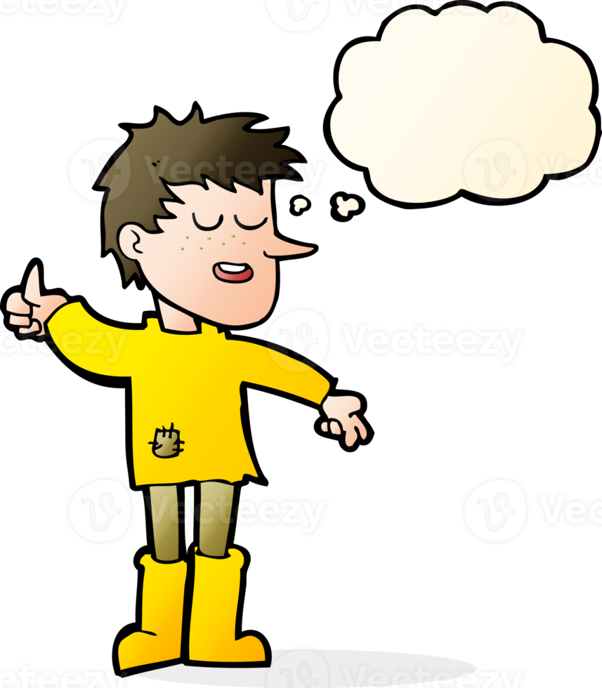 cartoon poor boy with positive attitude with thought bubble png