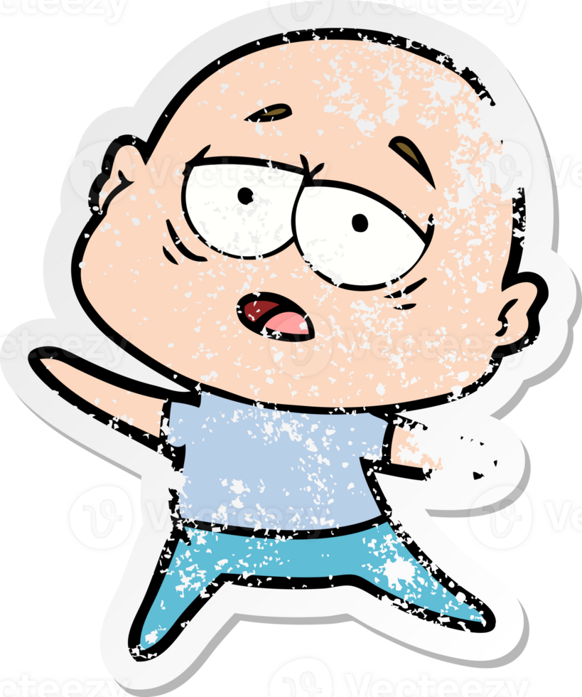 distressed sticker of a cartoon tired bald man png