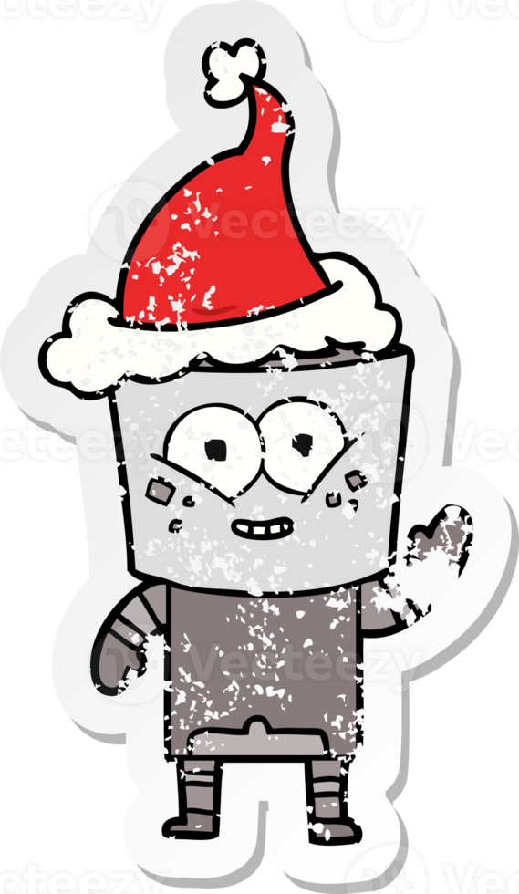 happy hand drawn distressed sticker cartoon of a robot waving hello wearing santa hat png