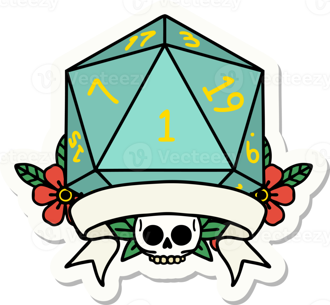 sticker of a natural one d20 dice roll png