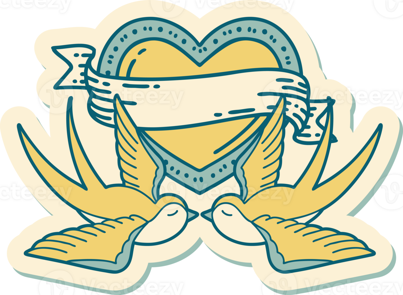 sticker of tattoo in traditional style of swallows and a heart with banner png