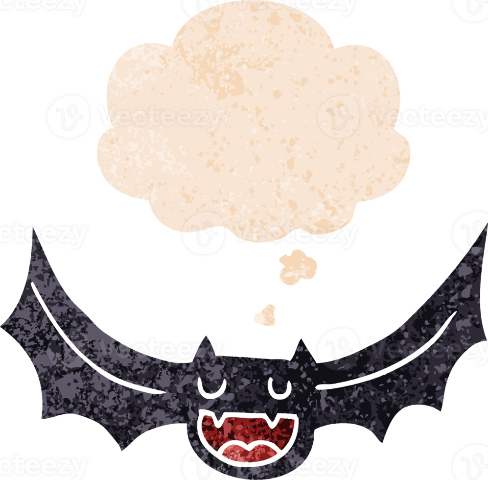cartoon bat with thought bubble in grunge distressed retro textured style png