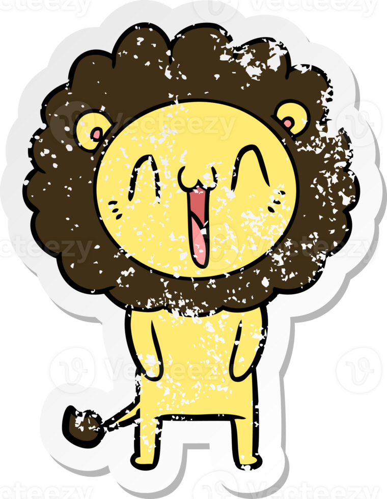 distressed sticker of a happy cartoon lion png