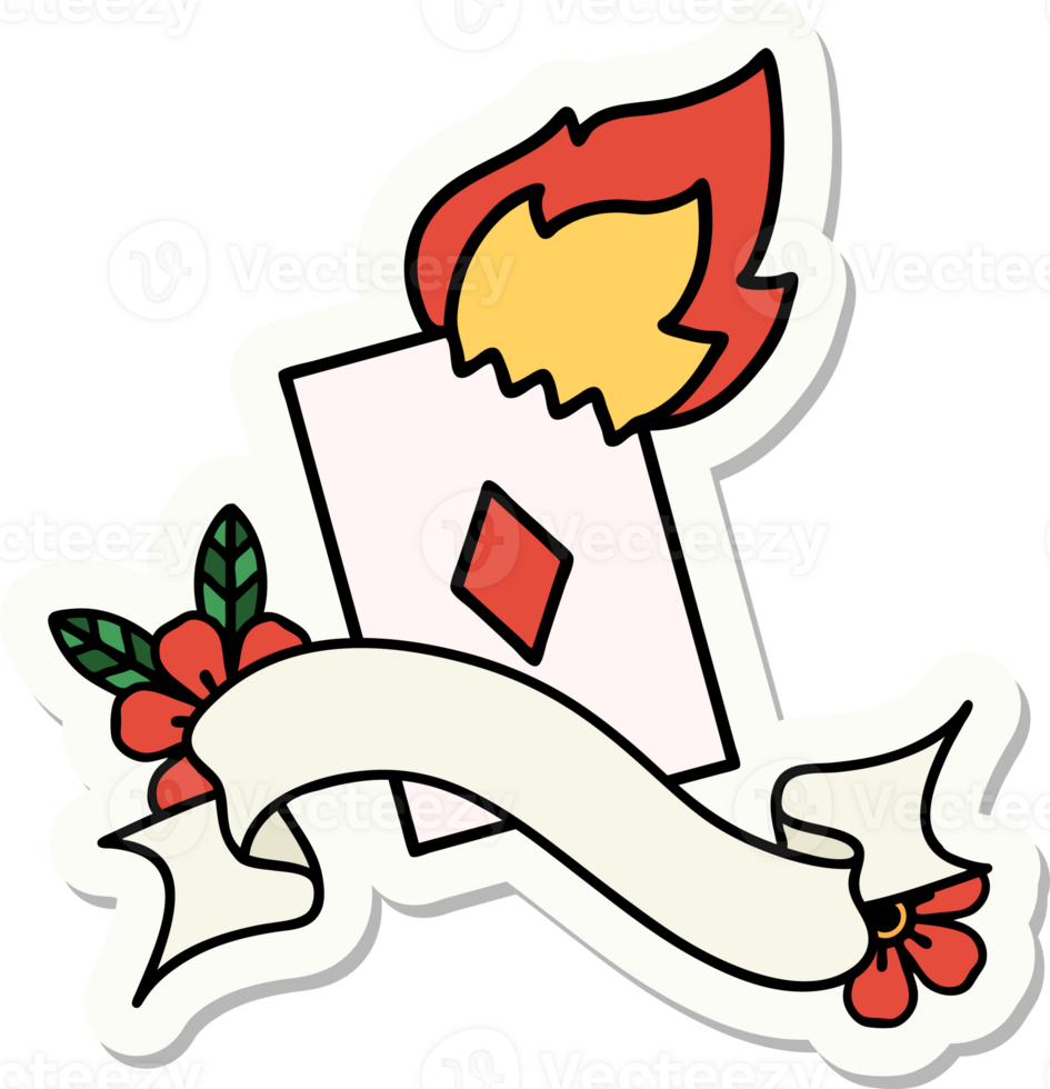 tattoo style sticker with banner of a flaming card png