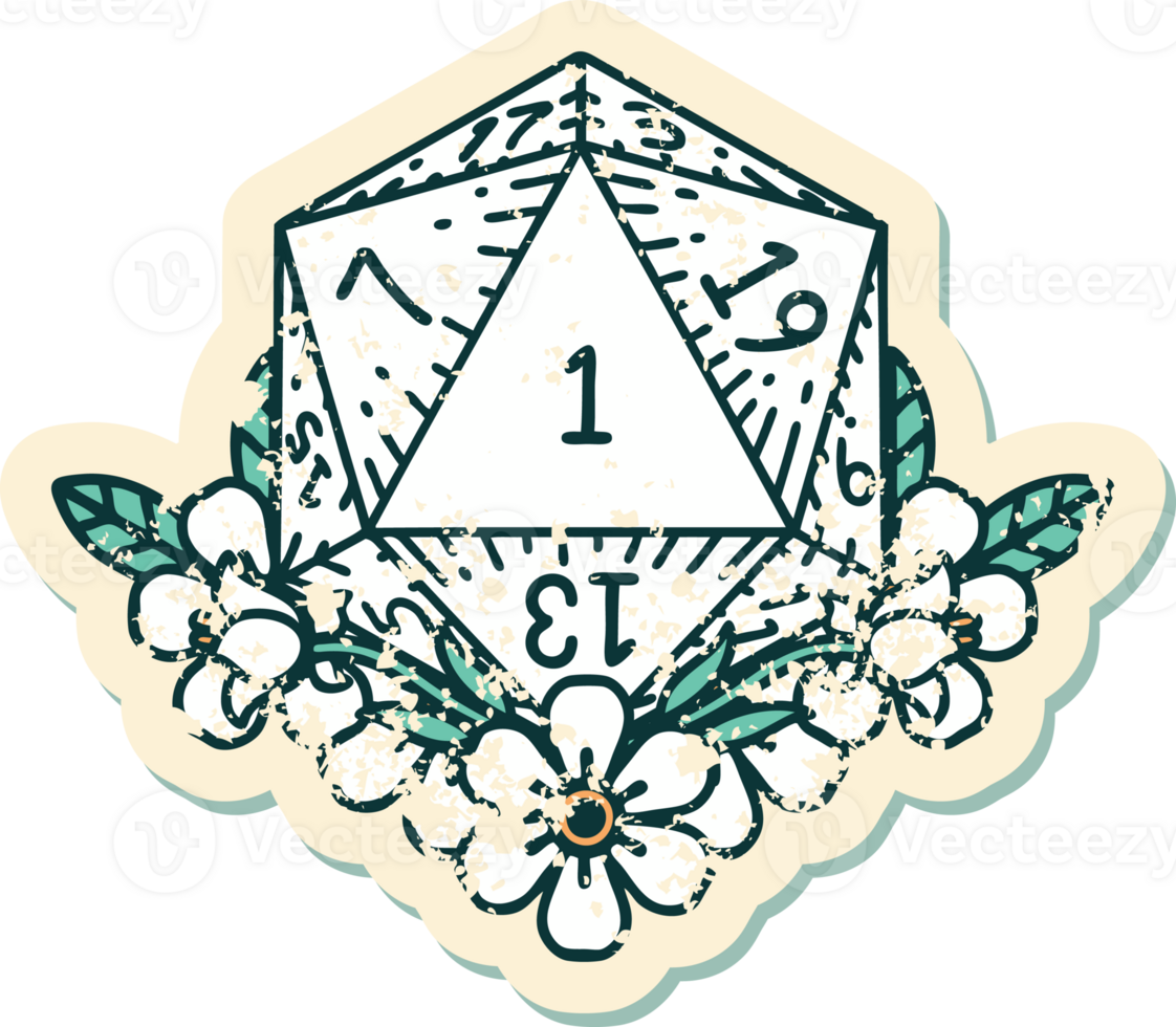 grunge sticker of a natural one dice roll with floral elements png