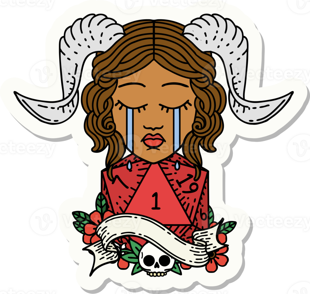 sticker of a crying tiefling with natural one D20 dice roll png