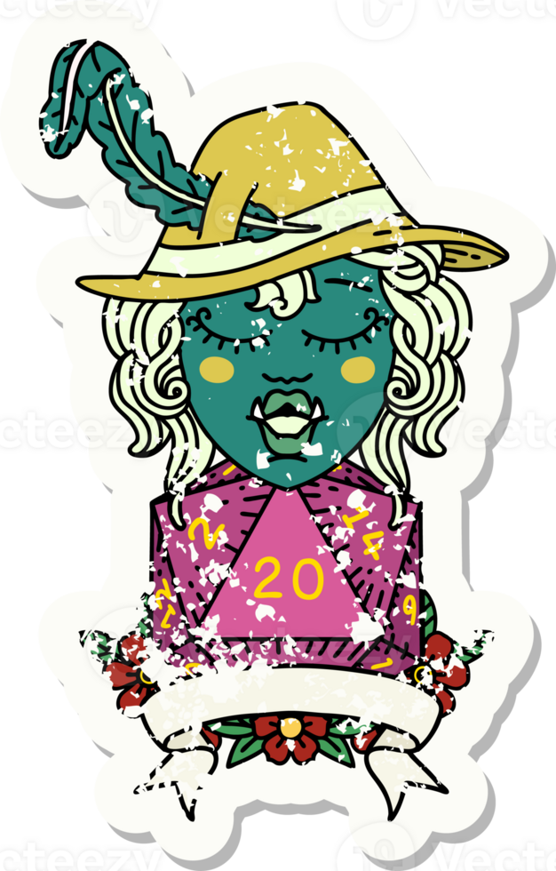 Retro Tattoo Style half orc bard with natural 20 dice roll png