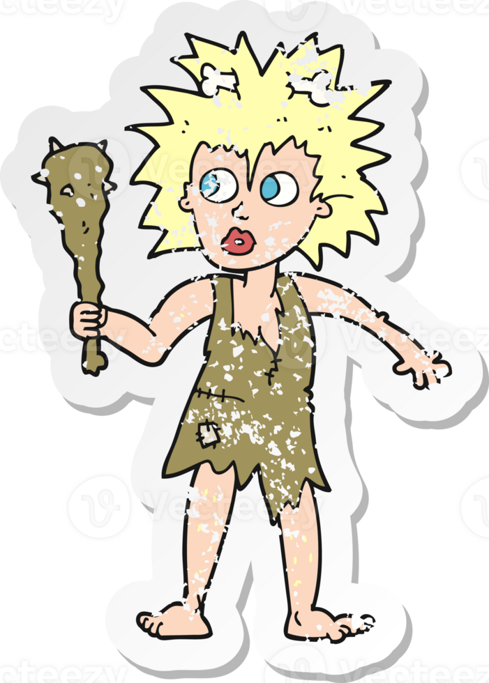 retro distressed sticker of a cartoon cave woman png