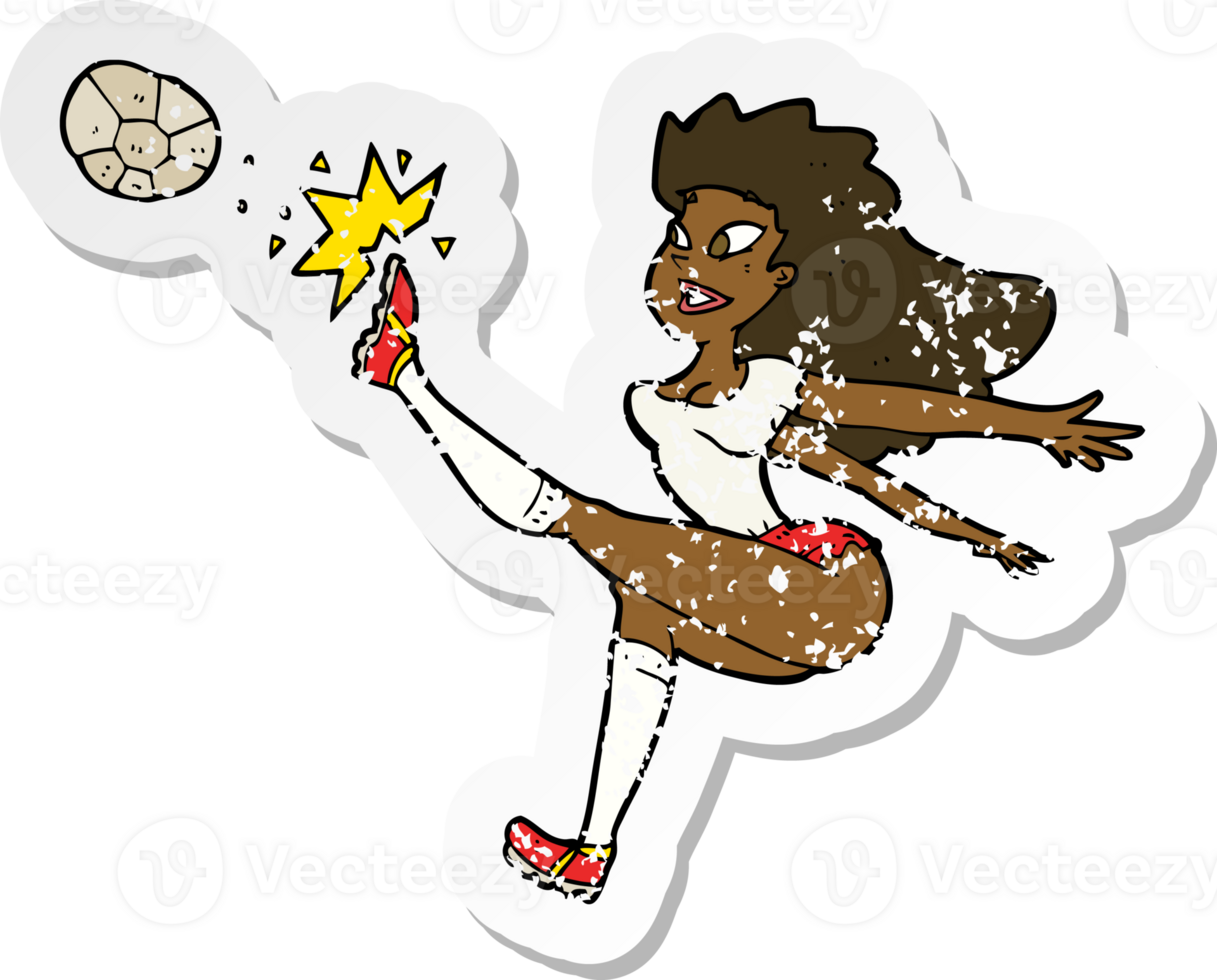 retro distressed sticker of a cartoon female soccer player kicking ball png