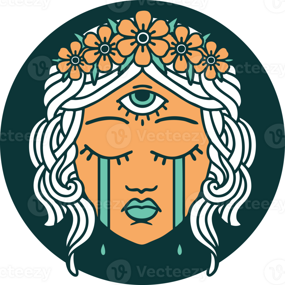 iconic tattoo style image of female face with mystic third eye crying png