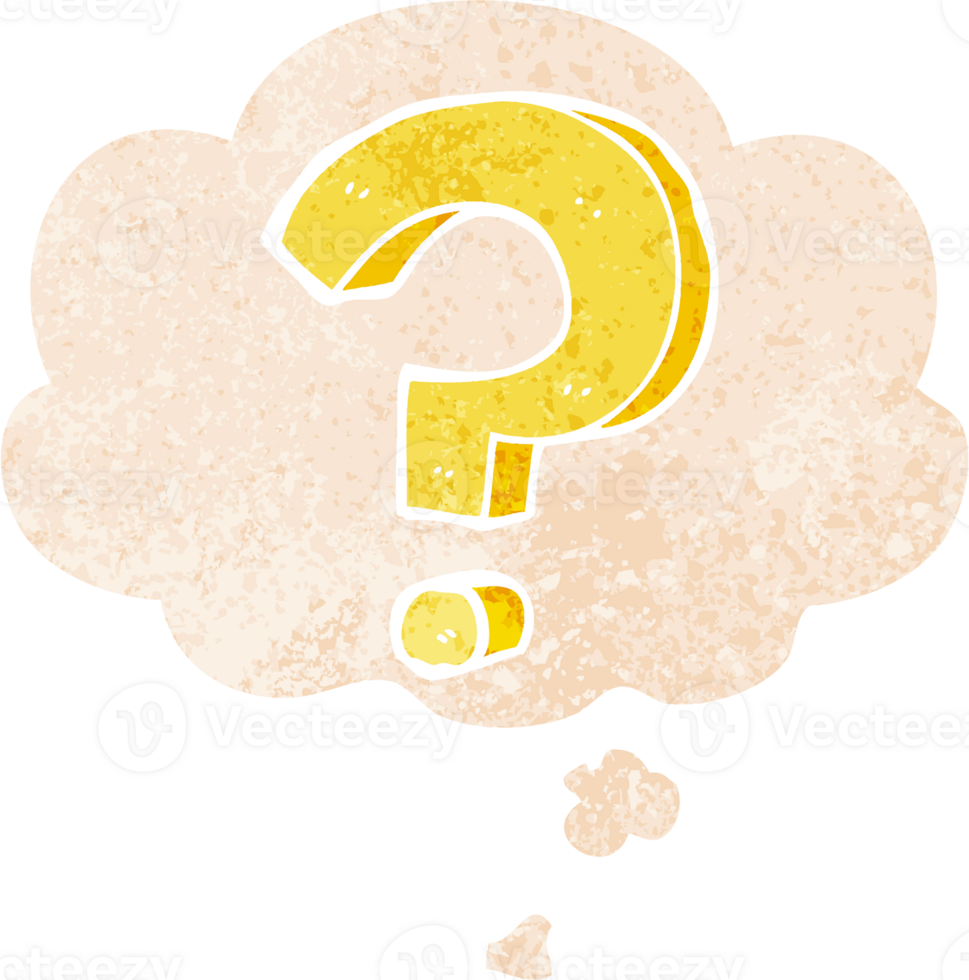 cartoon question mark with thought bubble in grunge distressed retro textured style png