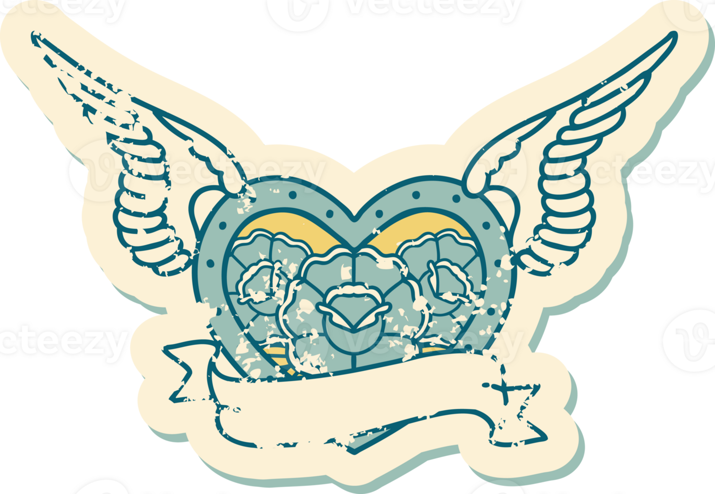 iconic distressed sticker tattoo style image of a flying heart with flowers and banner png