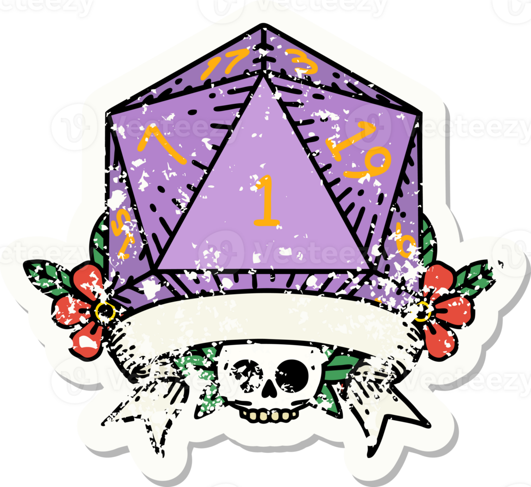 grunge sticker of a natural one d20 dice roll png
