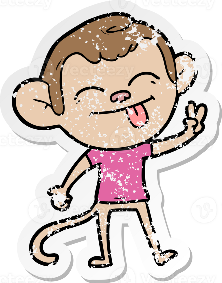 distressed sticker of a funny cartoon monkey making peace sign png
