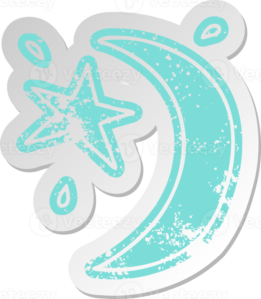 distressed old cartoon sticker of the moon and a star png